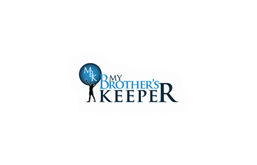 Logo. Man holding an atlas with MBK in the middle of the atlas. The words My Brothers's Keeper is place to the right of the image.